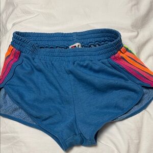 Aviator Nation Blue Athletic Shorts with Rainbow Accents